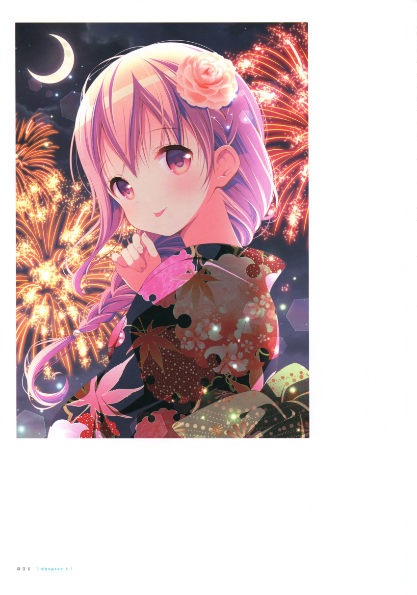 1girl :p absurdres aerial_fireworks alternate_hairstyle blush braid clouds fireworks floral_print from_side highres hinako_note japanese_clothes kimono light_brown_hair looking_at_viewer march-bunny night night_sky page_number pink_eyes sakuragi_hinako scan single_braid sky solo tongue tongue_out
