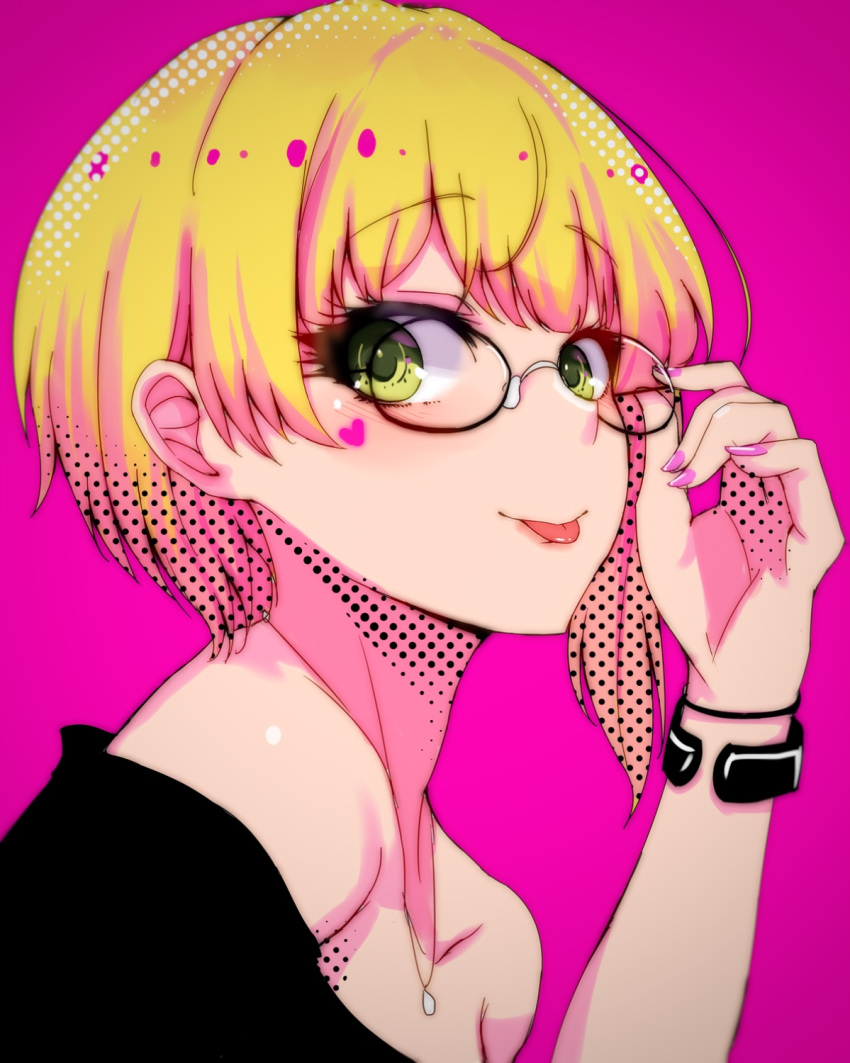 1girl :p adjusting_eyewear bangs bare_shoulders blonde_hair closed_mouth collarbone eyebrows_visible_through_hair face fingernails from_side glasses green_eyes halftone halftone_background hand_up highres idolmaster idolmaster_cinderella_girls jewelry looking_at_viewer looking_to_the_side miyamoto_frederica nail_polish necklace off_shoulder pink_background pink_nails ryuu. short_hair simple_background smile tongue tongue_out upper_body wristband