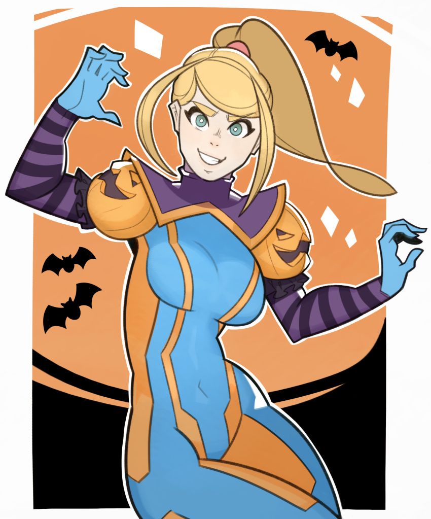 1girl blue_eyes halloween highres looking_at_viewer metroid navel ponytail samus_aran smile solo splashbrush zero_suit