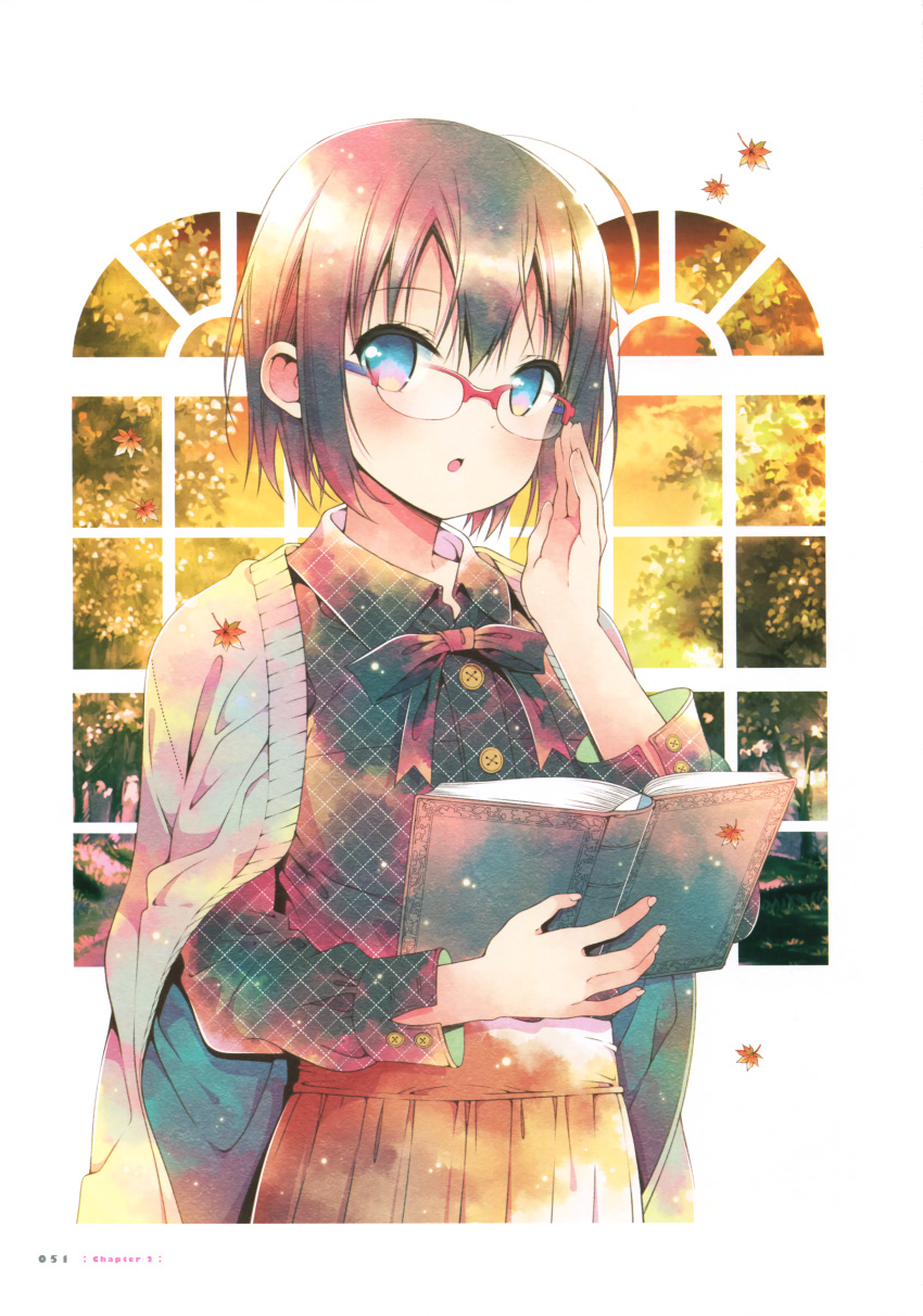 1girl absurdres adjusting_eyewear black_hair blue_eyes book cardigan casual collared_shirt cowboy_shot glasses highres holding holding_book jacket_on_shoulders leaf looking_at_viewer maple_leaf march-bunny open_book open_cardigan open_clothes page_number plaid plaid_shirt pleated_skirt red-framed_eyewear saionji_koharu scan shirt short_hair skirt solo watashi_no_tomodachi_ga_sekaiichi_kawaii window