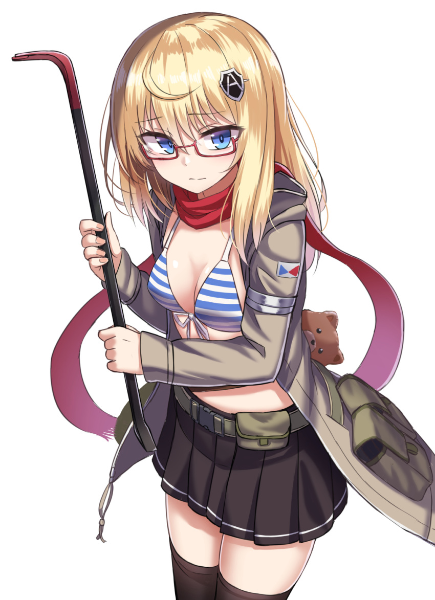 1girl as_val_(girls_frontline) belt belt_pouch bikini_top black_skirt blonde_hair blue_eyes breasts brown_legwear closed_mouth coat cowboy_shot crowbar front-tie_bikini front-tie_top frown girls_frontline glasses grey_coat hair_ornament highres holding long_hair long_sleeves looking_at_viewer medium_breasts miniskirt open_clothes open_coat pleated_skirt pouch rabochicken red-framed_eyewear scarf semi-rimless_eyewear simple_background skirt solo striped_bikini_top thigh-highs white_background zettai_ryouiki
