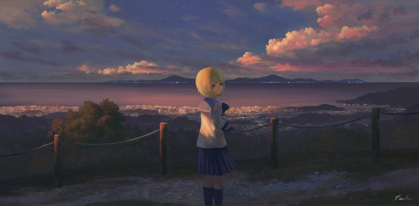 1girl bangs blonde_hair blue_eyes blue_legwear blue_sailor_collar blunt_bangs city city_lights closed_mouth clouds cloudy_sky commentary_request feel_(nasitaki) feet_out_of_frame fence from_behind grass highres holding_cat island kneehighs long_sleeves looking_at_viewer looking_back ocean original outdoors path pleated_skirt road sailor_collar scenery school_uniform serafuku shirt short_hair signature skirt sky solo standing star_(sky) starry_sky tree twilight white_shirt