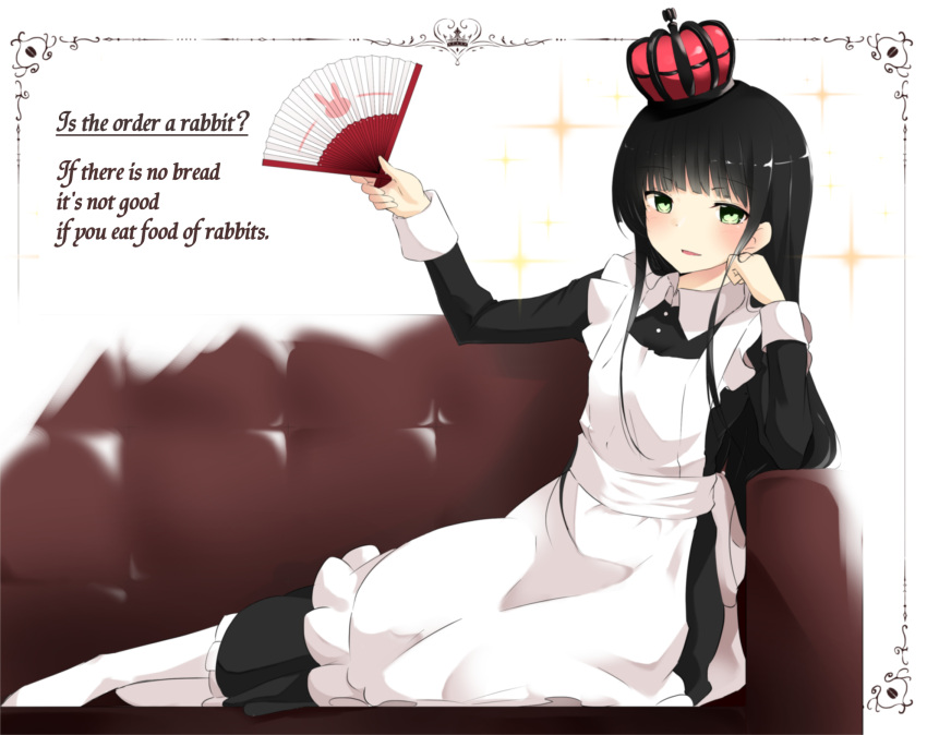1girl alternate_costume apron bangs black_dress black_hair blunt_bangs blush breasts commentary_request copyright_name couch crown dress engrish enmaided eyebrows_visible_through_hair fan folding_fan full_body fuu_(fuore) gochuumon_wa_usagi_desu_ka? green_eyes highres holding long_hair long_sleeves looking_at_viewer maid maid_apron no_shoes open_mouth pantyhose ranguage sidelocks sitting small_breasts solo sparkle ujimatsu_chiya white_apron white_legwear