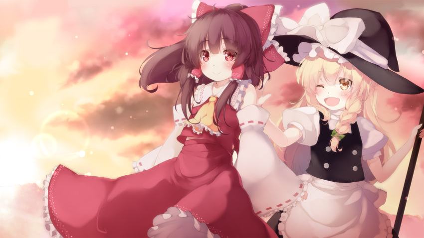 2girls ;d apron ascot bare_shoulders blonde_hair blouse blush bow braid broom chocolate_hair commentary detached_sleeves fang gengetsu_chihiro hair_bow hair_tubes hakurei_reimu hat hat_bow hat_ribbon highres kirisame_marisa large_bow long_hair looking_at_viewer multiple_girls one_eye_closed open_mouth patting_back ponytail puffy_short_sleeves puffy_sleeves red_eyes ribbon short_sleeves side_braid single_braid skirt skirt_set sleeves_past_wrists smile sunset touhou turtleneck very_long_hair vest waist_apron wide_sleeves witch_hat yellow_ascot yellow_eyes
