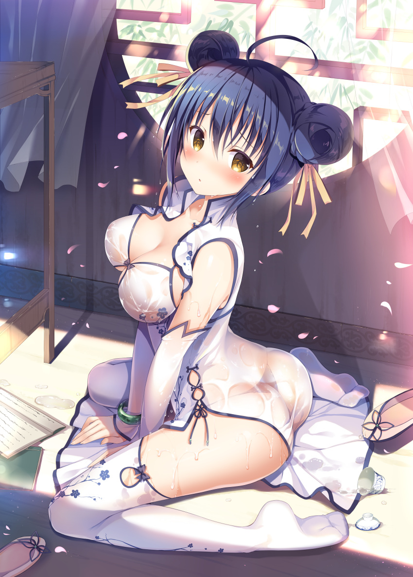 1girl absurdres ahoge ass bangle bangs blue_hair blush bracelet breasts cherry_blossoms china_dress chinese_clothes cleavage cup detached_sleeves double_bun dress enty_reward hair_between_eyes hair_ribbon highres indoors japanese_clothes jewelry large_breasts original panties ribbon see-through shoes shoes_removed solo sousouman thigh-highs underwear wet white_legwear window yellow_eyes