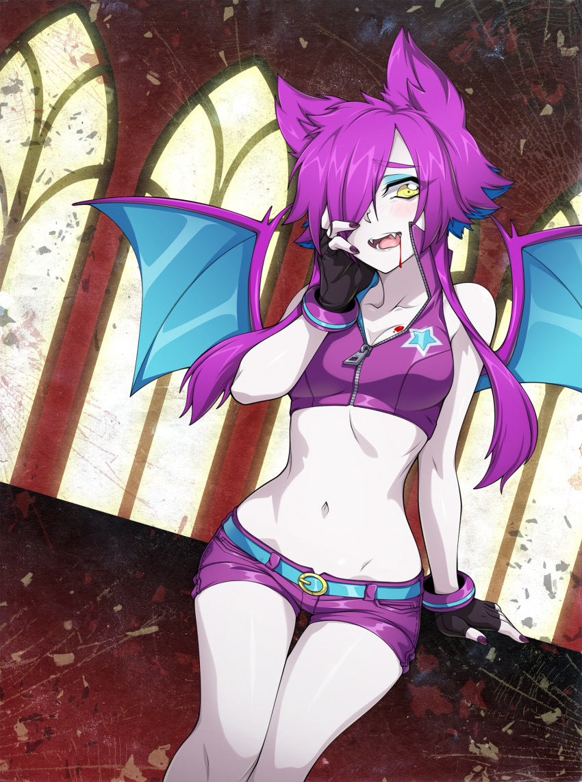1girl bat_ears bat_girl bat_wings belt black_gloves blood blood_from_mouth blood_on_breasts blue_hair blush borrowed_character bracelet breasts cleavage commission embarrassed eyeshadow facing_viewer fangs fingerless_gloves gloves hair_over_one_eye high_collar highres jewelry looking_away makeup medium_breasts monster_girl multicolored_hair nail_polish navel original purple_hair purple_nails purple_shorts short_hair short_hair_with_long_locks short_shorts shorts solo spike_wible sports_bra stomach thigh_gap two-tone_hair wings yellow_eyes zipper