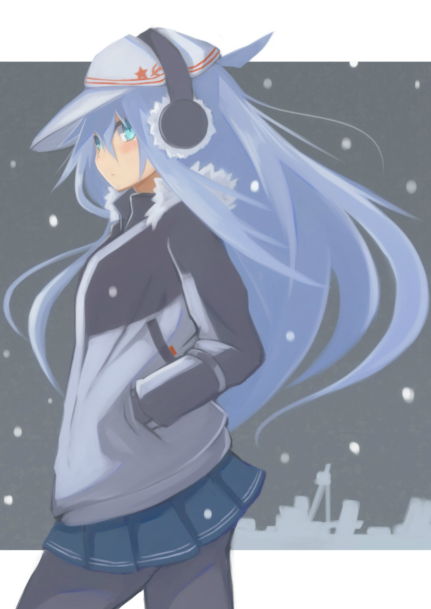 1girl akahuzi alternate_costume blue_eyes blue_skirt blush closed_mouth earmuffs expressionless hair_between_eyes hammer_and_sickle hands_in_pockets hat hibiki_(kantai_collection) highres jacket kantai_collection long_hair looking_at_viewer pantyhose pleated_skirt silver_hair simple_background skirt snowing verniy_(kantai_collection) walking