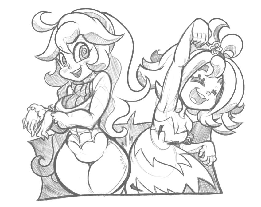 2girls @_@ acerola_(pokemon) al_bhed_eyes arm_up armpits bare_shoulders blush breasts cleavage closed_eyes dress drills greyscale hair_ornament hand_up hands_up happy hex_maniac_(pokemon) large_breasts long_hair long_sleeves looking_to_the_side medium_breasts monochrome multiple_girls open_mouth pokemon pokemon_(game) pokemon_sm pokemon_xy short_hair simple_background smile strapless strapless_dress teeth white_background