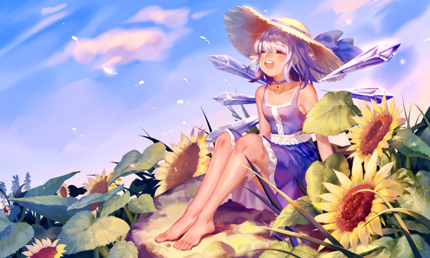 1girl ^_^ ^o^ adapted_costume arms_at_sides bangs bare_arms barefoot blue_dress blue_hair blue_ribbon blue_sky blush choker cirno closed_eyes clouds collarbone day dress eyebrows_visible_through_hair flower frilled_dress frills hat hat_ribbon highres ice ice_wings knees_up outdoors ribbon round_teeth short_hair sitting sky sleeveless sleeveless_dress smile solo straw_hat summer sun_hat sunflower teeth toenail_polish touhou wei_li wings