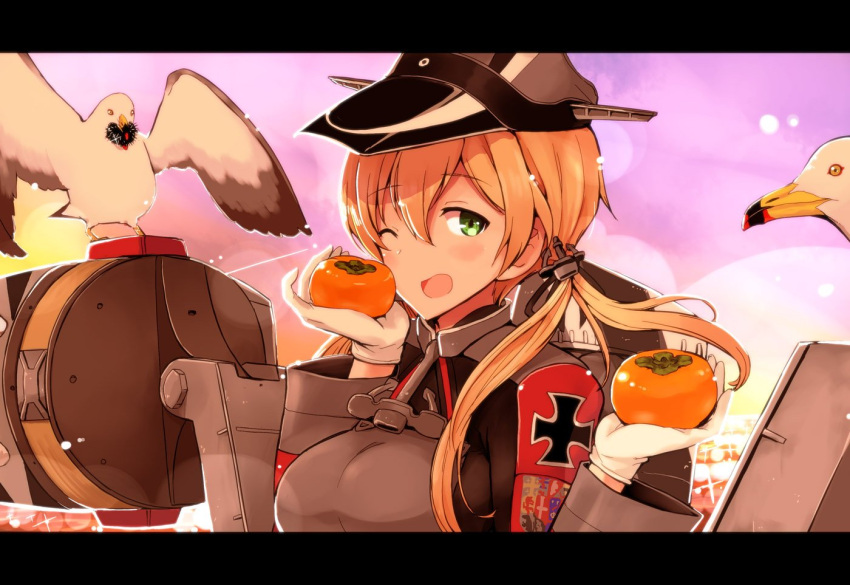 1girl ;d anchor_hair_ornament bird blonde_hair breasts food fruit gloves green_eyes hair_between_eyes hair_ornament hat kantai_collection large_breasts long_sleeves machinery military military_uniform mizumoto_tadashi one_eye_closed open_mouth peaked_cap persimmon prinz_eugen_(kantai_collection) seagull smile twintails uniform upper_body white_gloves