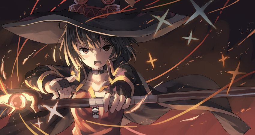 1girl bangs belt_buckle brown_hair buckle cape casting_spell choker commentary eyebrows_visible_through_hair fingerless_gloves gloves hat holding holding_staff huanxiang_huifeng kono_subarashii_sekai_ni_shukufuku_wo! long_sleeves looking_at_viewer magic megumin open_mouth outstretched_arm red_eyes revision short_hair solo staff upper_body witch_hat