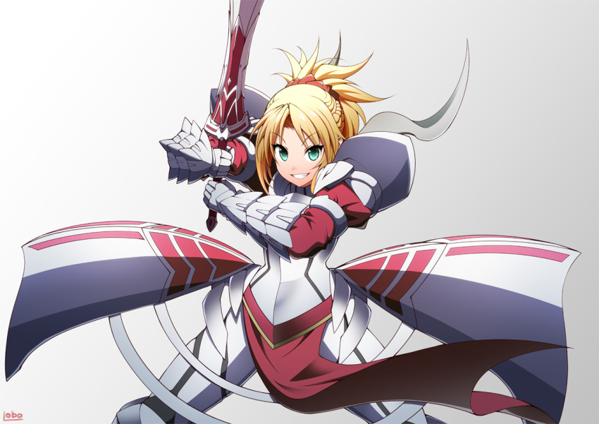 1girl :d armor blonde_hair braid breastplate clarent eyebrows_visible_through_hair fate/apocrypha fate_(series) french_braid green_eyes ookami_maito open_mouth ponytail raised_eyebrows saber_of_red smile solo white_background wide_stance