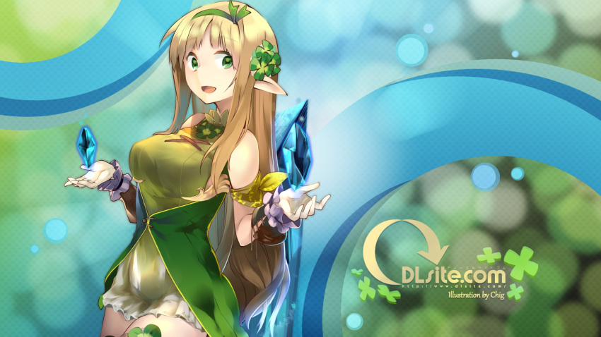 1girl :d artist_name bangs blonde_hair breasts chig clover clover_hair_ornament cowboy_shot crystal dille_blood dlsite.com dress eyebrows_visible_through_hair green_dress green_eyes hair_ornament hairband hands_up highres large_breasts long_hair looking_at_viewer open_mouth smile tareme thighs very_long_hair wallpaper watermark web_address