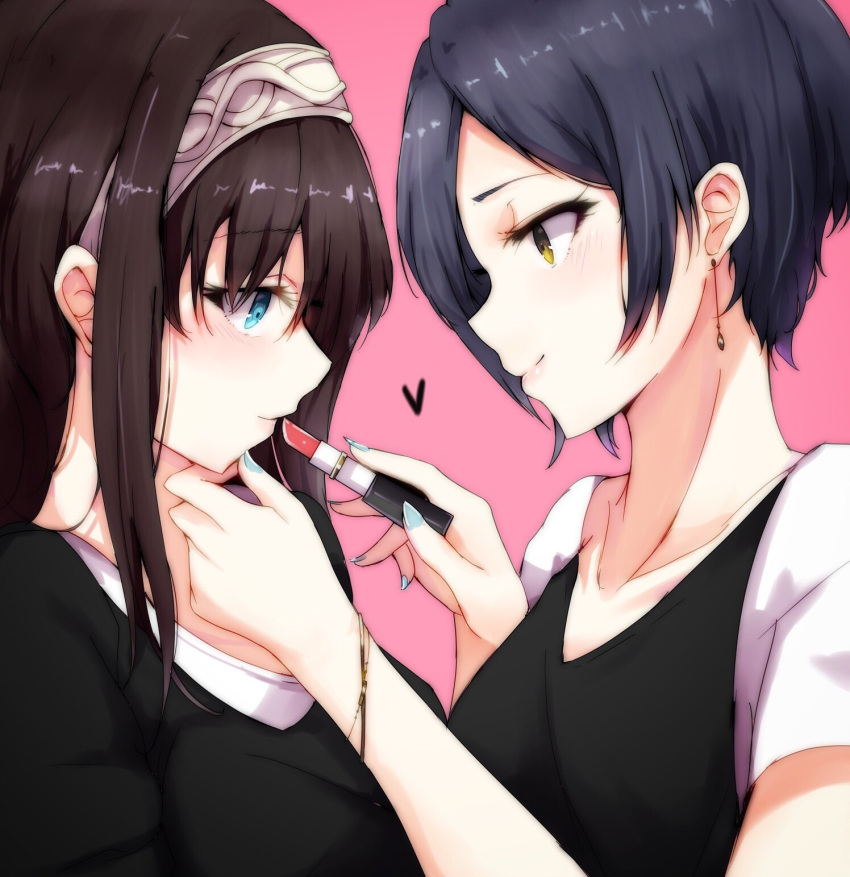 2girls applying_makeup aqua_nails bangs black_hair black_shirt blush bracelet breasts brown_hair closed_mouth collarbone commentary_request earrings eyebrows_visible_through_hair eyelashes face-to-face fingernails from_side hair_between_eyes hairband hand_on_another's_chin hands_up hayami_kanade highres holding holding_lipstick idolmaster idolmaster_cinderella_girls jewelry lips lipstick lipstick_tube long_fingernails long_hair looking_at_another makeup medium_breasts multiple_girls nail_polish pink_background pink_lips pink_lipstick profile ryuu. sagisawa_fumika shirt short_hair short_sleeves sidelocks simple_background smile upper_body white_hairband yellow_eyes