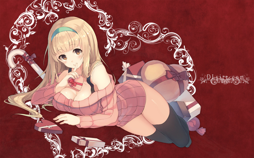 1girl bangs bare_shoulders black_legwear blonde_hair blunt_bangs blush breasts brown_eyes cleavage closed_mouth dille_blood dlsite.com eyebrows_visible_through_hair full_body gift hairband heart heart-shaped_box highres holding holding_gift index_finger_raised large_breasts long_hair looking_at_viewer lying on_stomach paseri ribbed_sweater sidelocks smile solo sweater tareme thigh-highs thighs valentine wallpaper