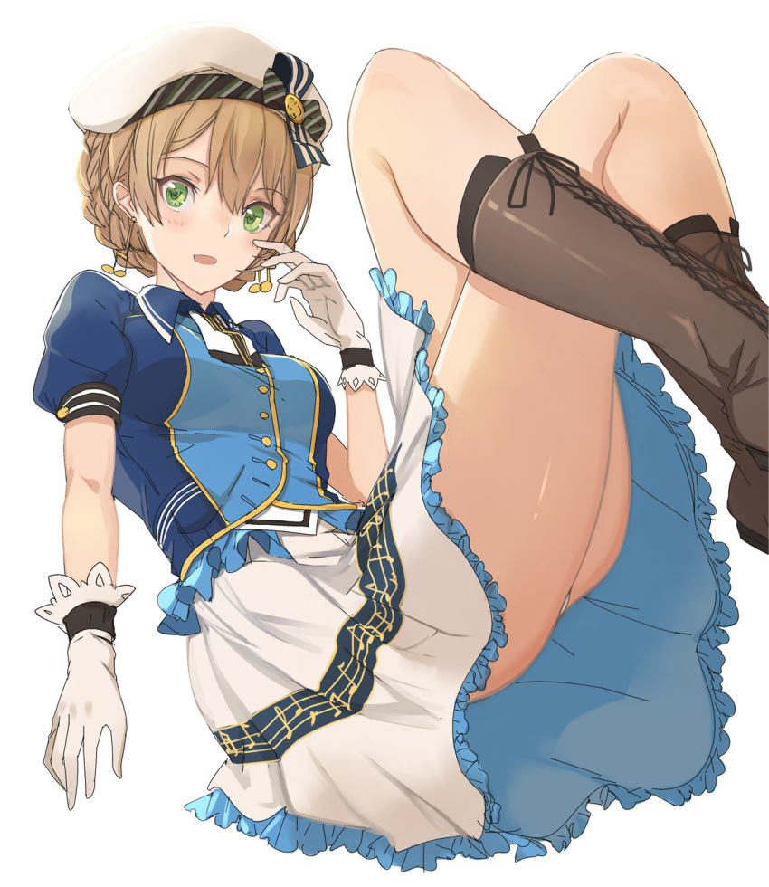 1girl arm_at_side bangs beret blonde_hair blush boots braided_bun brown_footwear buttons cross-laced_footwear earrings frilled_gloves frills gloves green_eyes hand_on_own_cheek hat highres idolmaster idolmaster_million_live! idolmaster_million_live!_theater_days jewelry knee_boots legs_crossed looking_at_viewer puffy_short_sleeves puffy_sleeves pupps reclining sakuramori_kaori shiny shiny_skin short_sleeves sidelocks sitting white_gloves