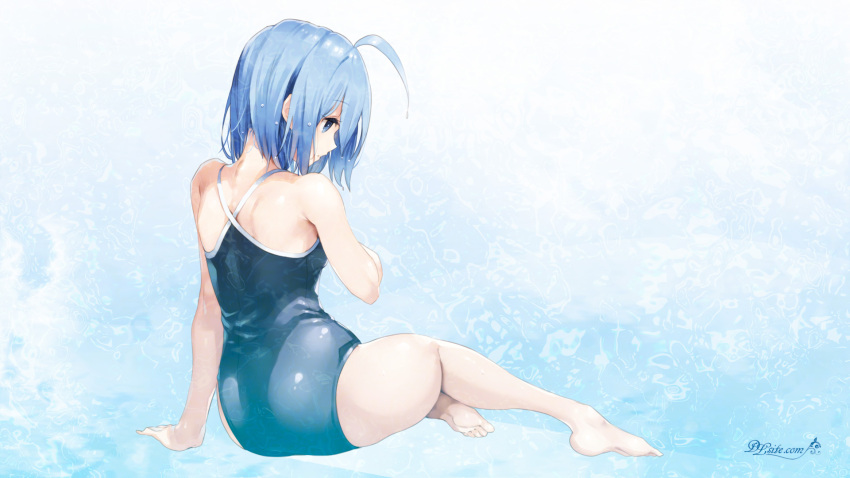 1girl ahoge ass bangs bare_legs barefoot blue blue_eyes blue_hair closed_mouth dlsite.com elle_sweet eyebrows_visible_through_hair feet from_behind full_body hair_between_eyes hand_up highres one-piece_swimsuit paseri plantar_flexion profile school_swimsuit short_hair sidelocks sitting soles solo swimsuit thighs toes wallpaper watermark web_address wet