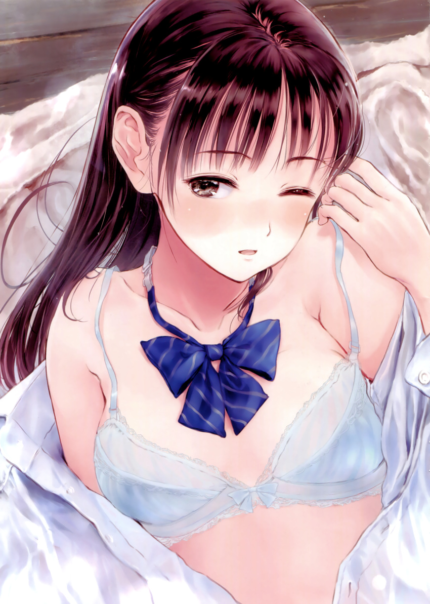 1girl absurdres black_eyes blue_bow blue_bra blue_neckwear bow bowtie bra breasts brown_hair dress_shirt fujita_hidetoshi highres long_hair one_eye_closed open_clothes open_mouth open_shirt original shirt small_breasts solo striped striped_bow striped_bowtie underwear upper_body white_shirt
