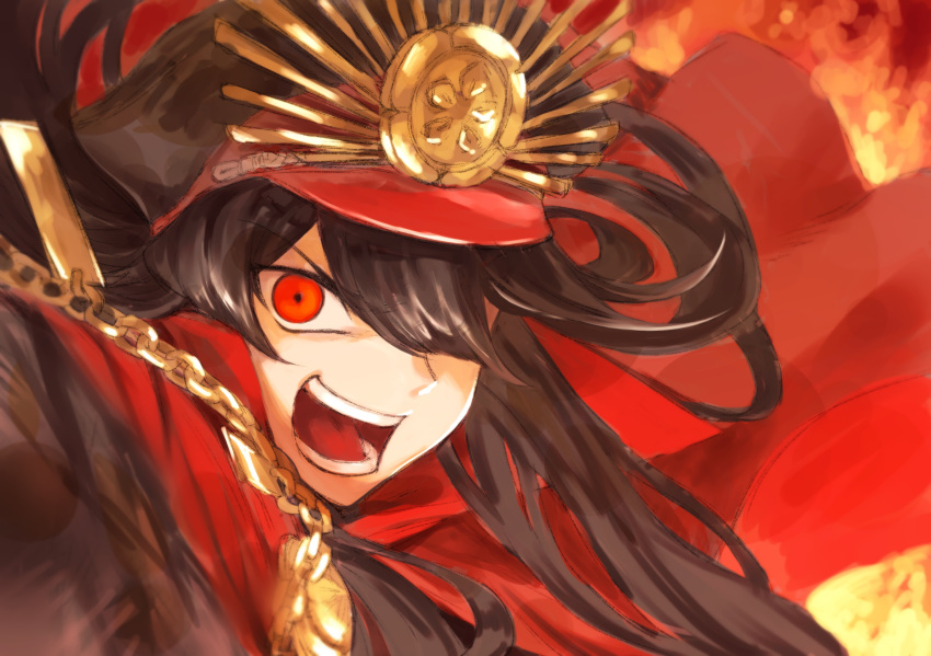 &gt;:d 1girl :d black_hair black_hat cape chains demon_archer emoshon eyebrows_visible_through_hair eyes_visible_through_hair fate/grand_order fate_(series) fire floating_hair hair_over_one_eye hat highres long_hair looking_at_viewer open_mouth peaked_cap red_cape red_eyes smile solo teeth tongue tsurime upper_body