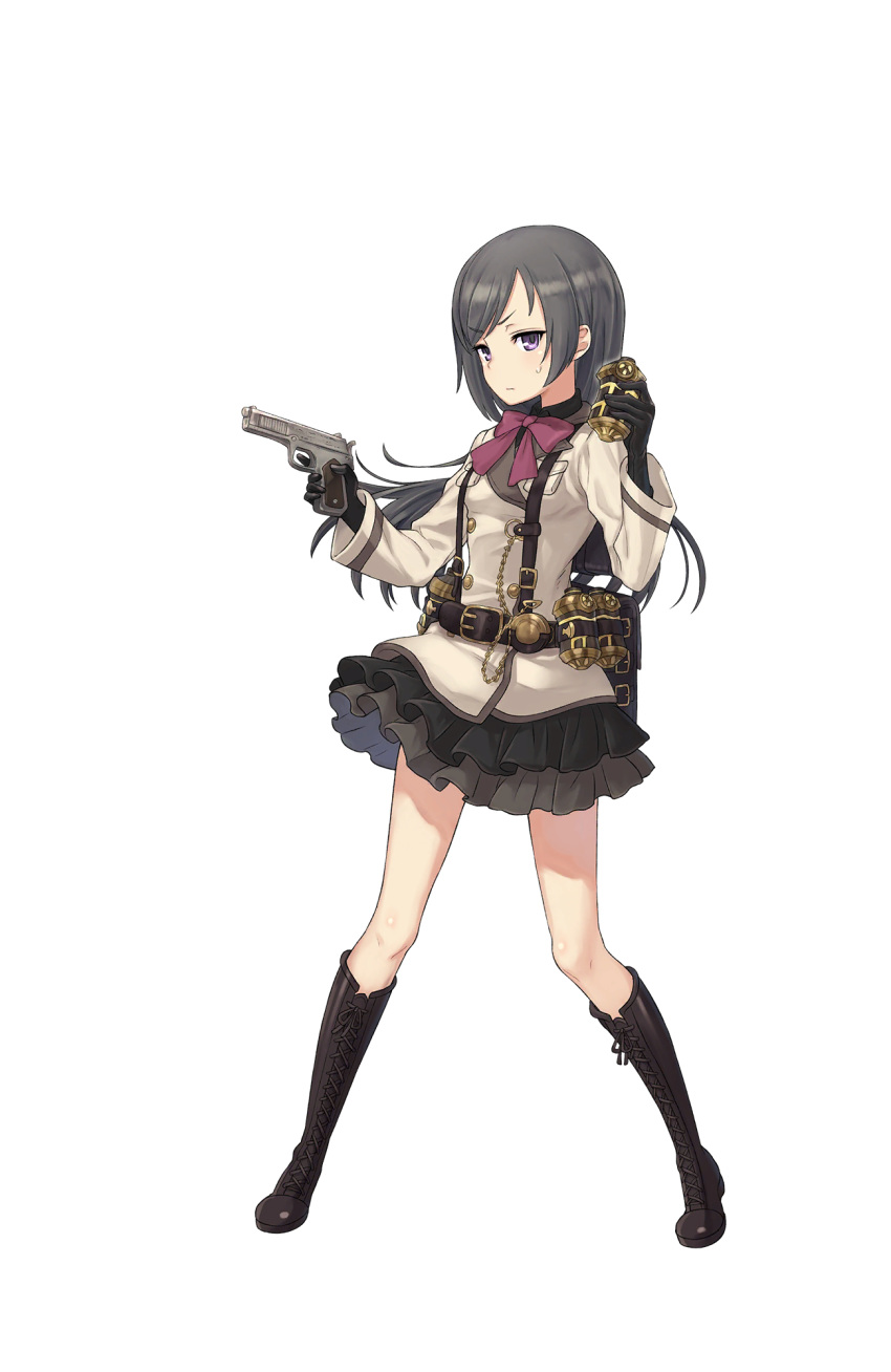 1girl belt black_footwear black_hair black_skirt boots bow cross-laced_footwear explosive full_body grenade gun highres holding holding_gun holding_weapon knee_boots long_hair looking_at_viewer official_art pocket_watch princess_principal princess_principal_game_of_mission shoes skirt solo sophie_mackenzie standing suspenders sweatdrop transparent_background violet_eyes watch weapon