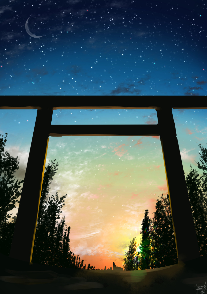 amatsuki_rei blue_sky clouds cloudy_sky commentary_request crescent_moon evening forest gradient_sky highres moon nature no_humans original outdoors scenery signature sky star_(sky) starry_sky sunset torii tree twilight