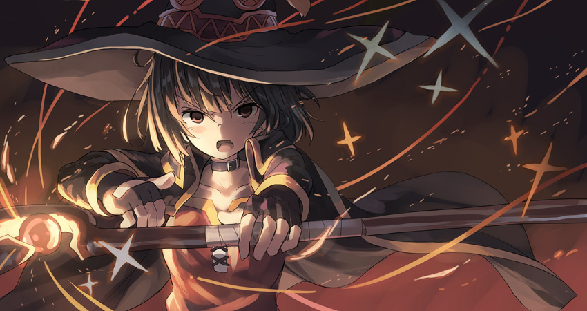 1girl bangs belt_buckle brown_hair buckle cape casting_spell choker commentary eyebrows_visible_through_hair fingerless_gloves gloves hat holding holding_staff huanxiang_huifeng kono_subarashii_sekai_ni_shukufuku_wo! long_sleeves looking_at_viewer magic megumin open_mouth outstretched_arm red_eyes short_hair solo staff upper_body witch_hat