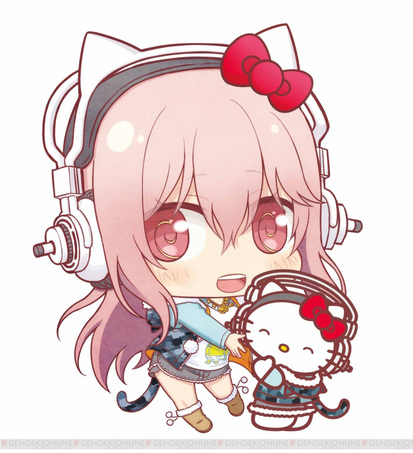 2girls animal animal_ears blush bow breasts cat cat_ears chibi cosplay headphones hello_kitty hello_kitty_(character) highres long_hair looking_at_viewer multiple_girls nitroplus no_mouth open_mouth pink_eyes pink_hair red_eyes smile super_sonico super_sonico_(cosplay) yuupon