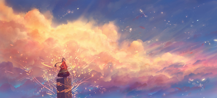 1girl blue_sky braid capelet clouds cloudy_sky commentary_request dress highres light_particles long_hair long_sleeves magic original outdoors pillar red_capelet red_dress sakimori_(hououbds) scenery single_braid sky solo standing very_long_hair