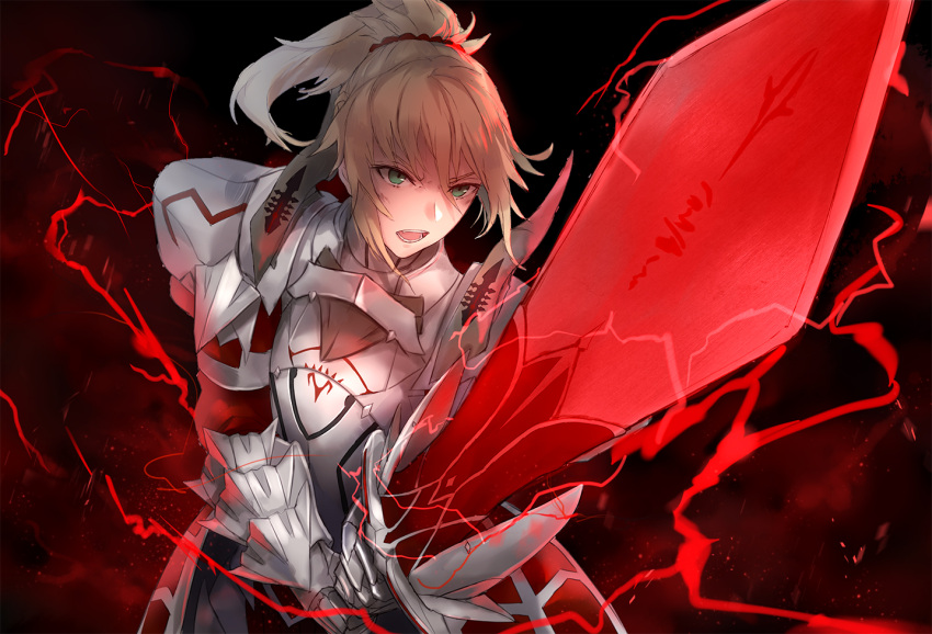 1girl armor blonde_hair fate/apocrypha fate/grand_order fate_(series) green_eyes kachi lightning ponytail saber_of_red solo sword weapon