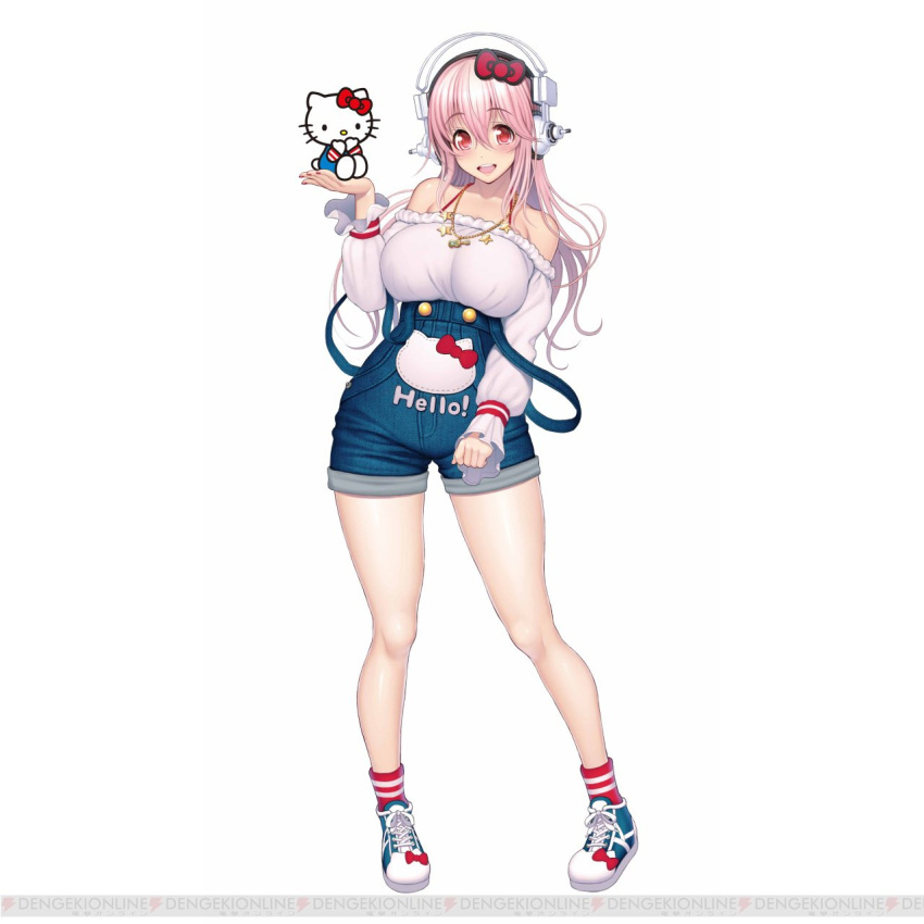 1girl bare_shoulders blush breasts denim eyebrows_visible_through_hair female full_body hair_between_eyes headphones hello_kitty highres jewelry large_breasts long_hair long_sleeves looking_at_viewer necklace nitroplus off_shoulder official_art open_mouth pink_hair red_eyes shoes simple_background smile sneakers socks solo standing super_sonico text tsuji_santa two-tone_legwear white_background