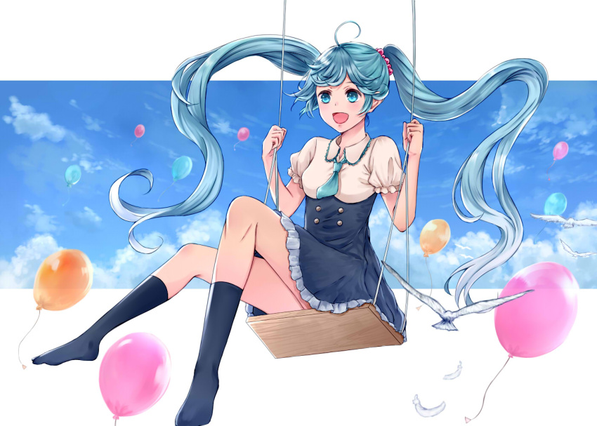 1girl :d ahoge balloon bangs bird black_legwear blue_eyes blue_hair blue_neckwear blue_skirt blue_sky blush breasts foreshortening frilled_skirt frills hair_ornament hatsune_miku high-waist_skirt kneehighs long_hair looking_away medium_breasts necktie no_shoes open_mouth puffy_short_sleeves puffy_sleeves shirt short_sleeves sitting skirt sky smile solo swept_bangs swing tareme twintails underbust utakata_(s_sw) very_long_hair vocaloid white_shirt