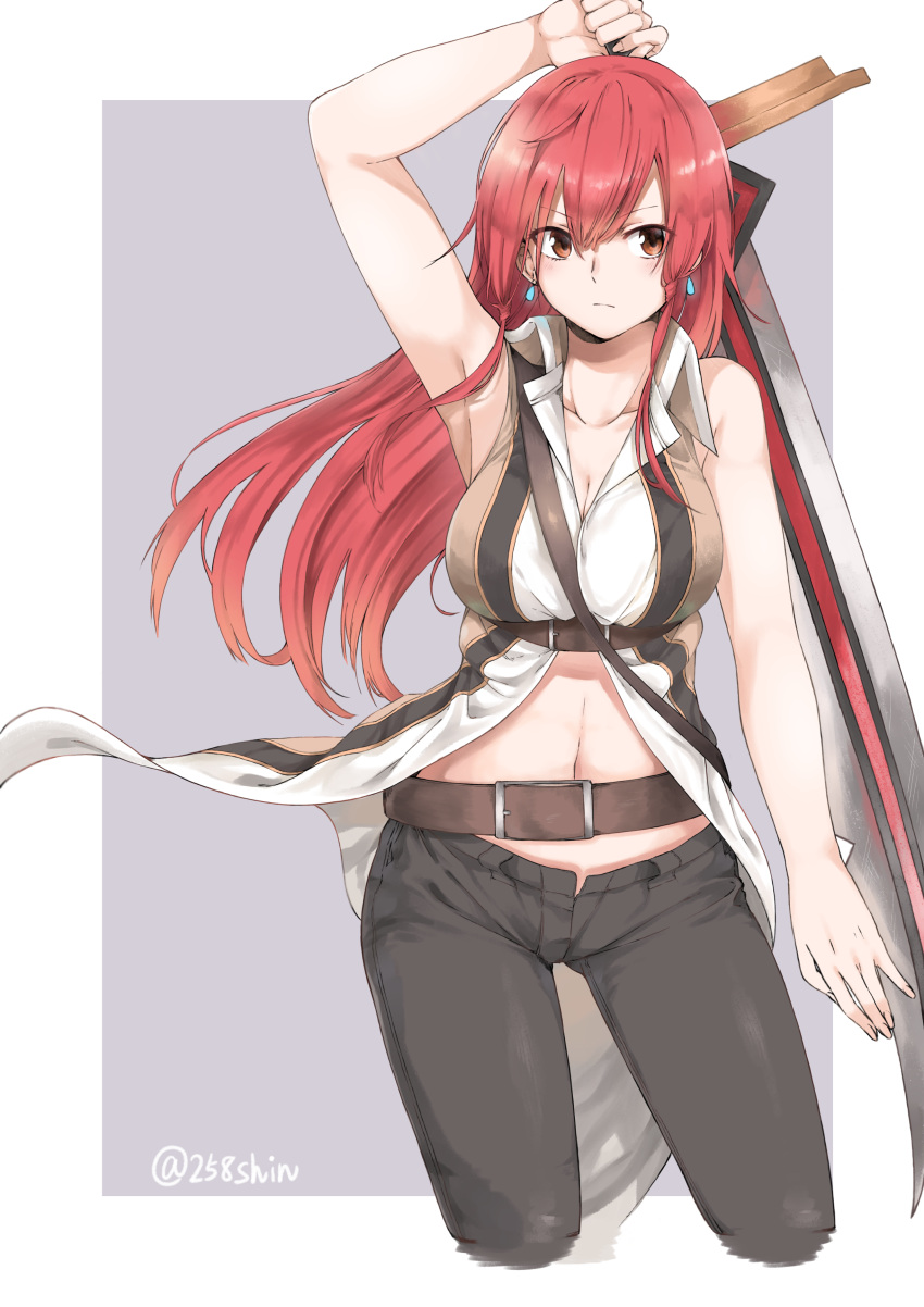 &gt;:( 1girl absurdres amu_(258shin) arm_at_side arm_up armpits bare_arms bare_shoulders belt belt_buckle between_breasts black_pants blush breasts buckle cleavage closed_mouth collarbone contrapposto cropped_legs earrings grey_background hair_between_eyes highres holding holding_sword holding_weapon jewelry large_breasts long_hair looking_at_viewer navel original pants red_eyes redhead serious sleeveless solo standing strap_cleavage sword twitter_username two-tone_background underbust unsheathed vest weapon wing_collar