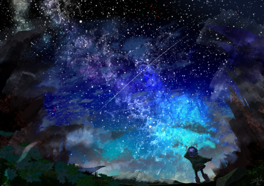 1girl amatsuki_rei commentary_request facing_away from_behind grass highres looking_up milky_way nebula night night_sky original purple_hair rock scenery shooting_star signature sky solo standing star_(sky) starry_sky