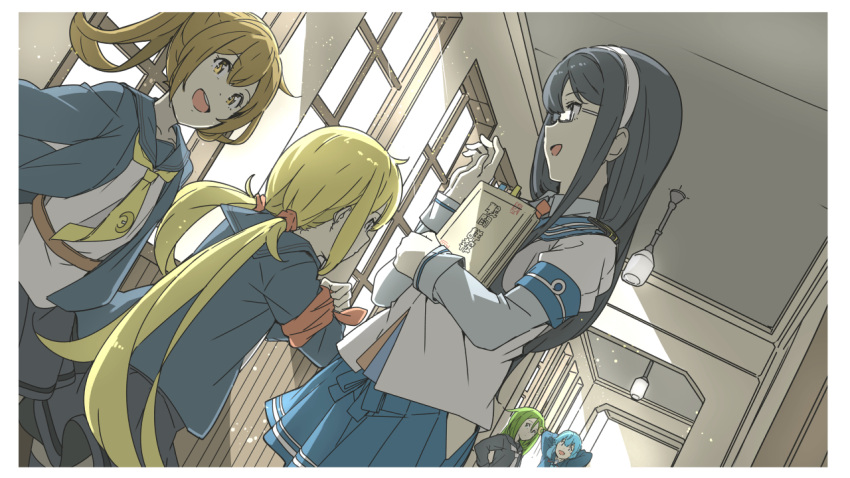 5girls armband black_hair black_sailor_collar black_skirt blonde_hair blue_jacket blue_sailor_collar blue_skirt book brown_eyes brown_hair crescent crescent_pin dutch_angle fumizuki_(kancolle) fumizuki_kai_ni_(kancolle) hairband hallway jacket kantai_collection long_hair minazuki_(kancolle) multiple_girls nagatsuki_(kancolle) necktie ninimo_nimo ooyodo_(kancolle) pleated_skirt ponytail red_necktie sailor_collar satsuki_(kancolle) satsuki_kai_ni_(kancolle) school_uniform semi-rimless_eyewear serafuku skirt twintails under-rim_eyewear yellow_necktie