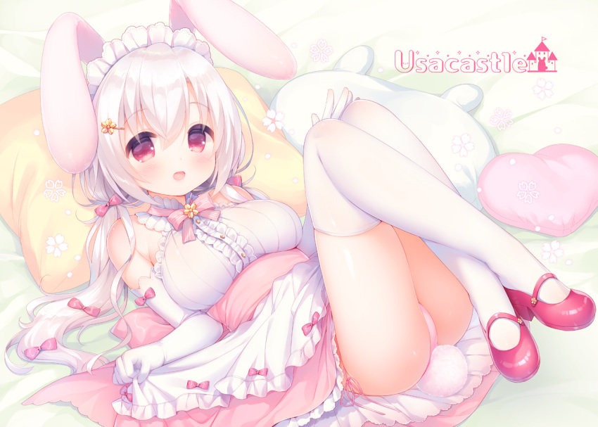 1girl :d animal_ears apron bangs bed_sheet blush bow breasts brown_hair bunny_girl bunny_pillow bunny_tail center_frills cherry_blossoms commentary_request elbow_gloves eyebrows_visible_through_hair frilled_apron frills gloves hair_between_eyes hair_bow heart heart_pillow large_breasts legs_crossed low_twintails lying maid_headdress mary_janes on_back open_mouth original panties pillow pink_bow pink_footwear pink_panties pink_skirt rabbit_ears shirt shoes side-tie_panties silver_hair skirt smile solo tail thigh-highs twintails underwear usashiro_mani waist_apron white_apron white_gloves white_legwear white_shirt