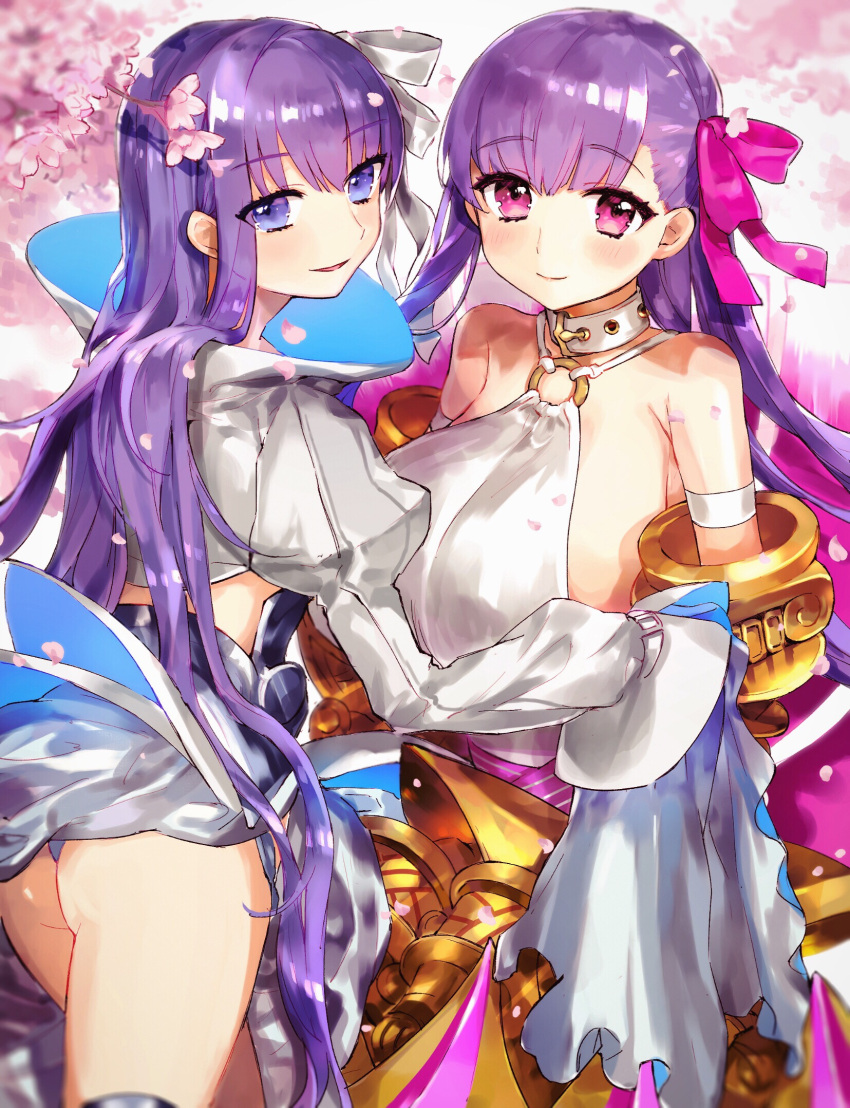 2girls ass asymmetrical_bangs bangs blue_eyes blurry blush breasts cherry_blossoms choker claws closed_mouth depth_of_field eyebrows_visible_through_hair fate/extra fate/extra_ccc fate_(series) grey_coat hair_ribbon halter_top halterneck highres huge_breasts juliet_sleeves long_hair long_sleeves looking_at_viewer looking_back meltlilith multiple_girls nekoremon o-ring_top outdoors parted_lips passion_lip petals puffy_sleeves purple_hair purple_ribbon ribbon sideboob sidelocks smile tareme thigh-highs thighs very_long_hair violet_eyes white_ribbon