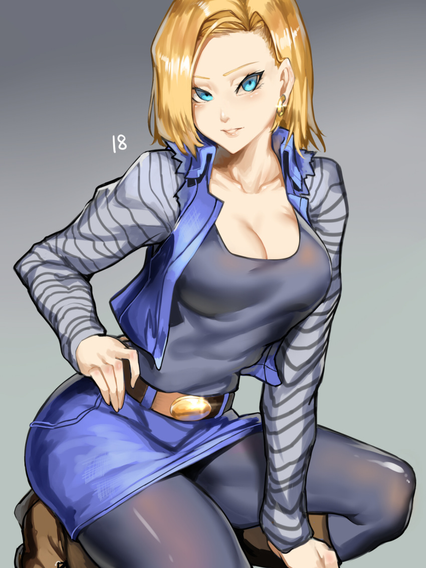 1girl android_18 belt belt_buckle blonde_hair blue_eyes blue_skirt breasts brown_footwear buckle character_name cleavage denim denim_jacket denim_skirt dragon_ball dragonball_z earrings gradient gradient_background grey_background highres jewelry kumiko_shiba looking_at_viewer medium_breasts panties pantyhose parted_lips revision shirt shoes short_hair skirt smile solo squatting striped striped_shirt thighs underwear