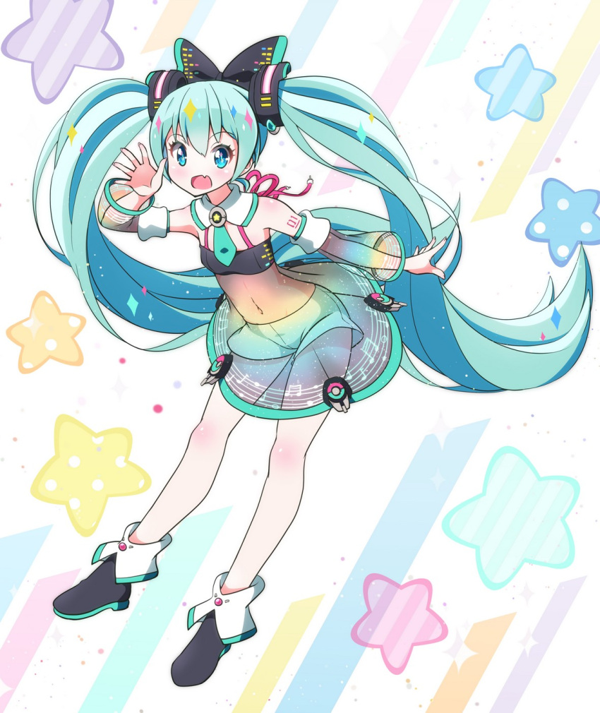 1girl :d ankle_boots aqua_hair aqua_neckwear arm_tattoo arm_up bangs black_bow black_footwear blue_eyes blush boots bow detached_collar detached_sleeves eyebrows_visible_through_hair fang flat_chest full_body fuusen_neko hair_bow hatsune_miku high-waist_skirt highres leaning_forward legs_apart long_hair long_sleeves mini_necktie multicolored multicolored_background musical_note musical_note_print navel necktie no_socks open_mouth print_skirt see-through shorts shorts_under_skirt skirt smile sparkle standing star stomach tareme tattoo very_long_hair vocaloid white_shorts