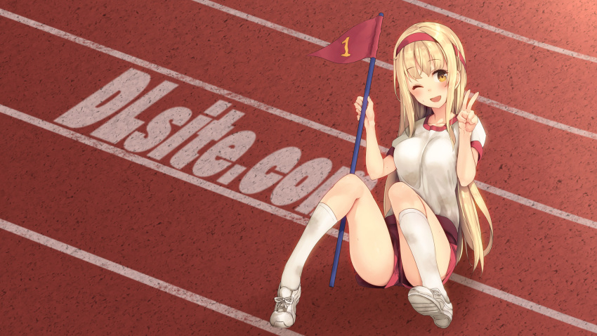 1girl ;d bangs blonde_hair blush breasts brown_eyes collarbone dille_blood dlsite.com eyebrows_visible_through_hair gym_shorts gym_uniform hands_up headband highres holding_flag kneehighs large_breasts long_hair looking_at_viewer one_eye_closed open_mouth paseri shirt shoes short_sleeves shorts sidelocks sitting smile sneakers solo t-shirt tareme thighs track v very_long_hair wallpaper white_legwear white_shirt white_shoes