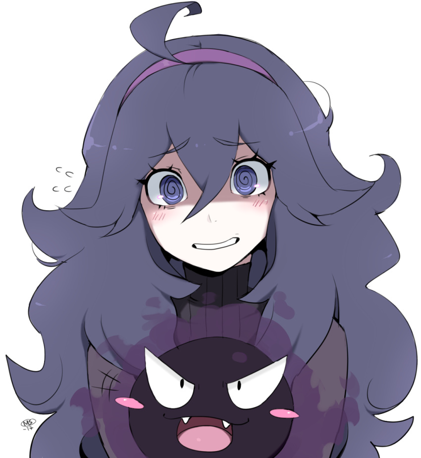 1girl 2017 @_@ ahoge al_bhed_eyes black_eyes blush blush_stickers dated eyebrows_visible_through_hair fangs flying_sweatdrops gastly headband hex_maniac_(pokemon) long_hair looking_at_viewer matching_hair/eyes milka_(milk4ppl) open_mouth pokemon pokemon_(creature) pokemon_(game) pokemon_xy purple_hair simple_background smile teeth turtleneck upper_body violet_eyes watermark white_background