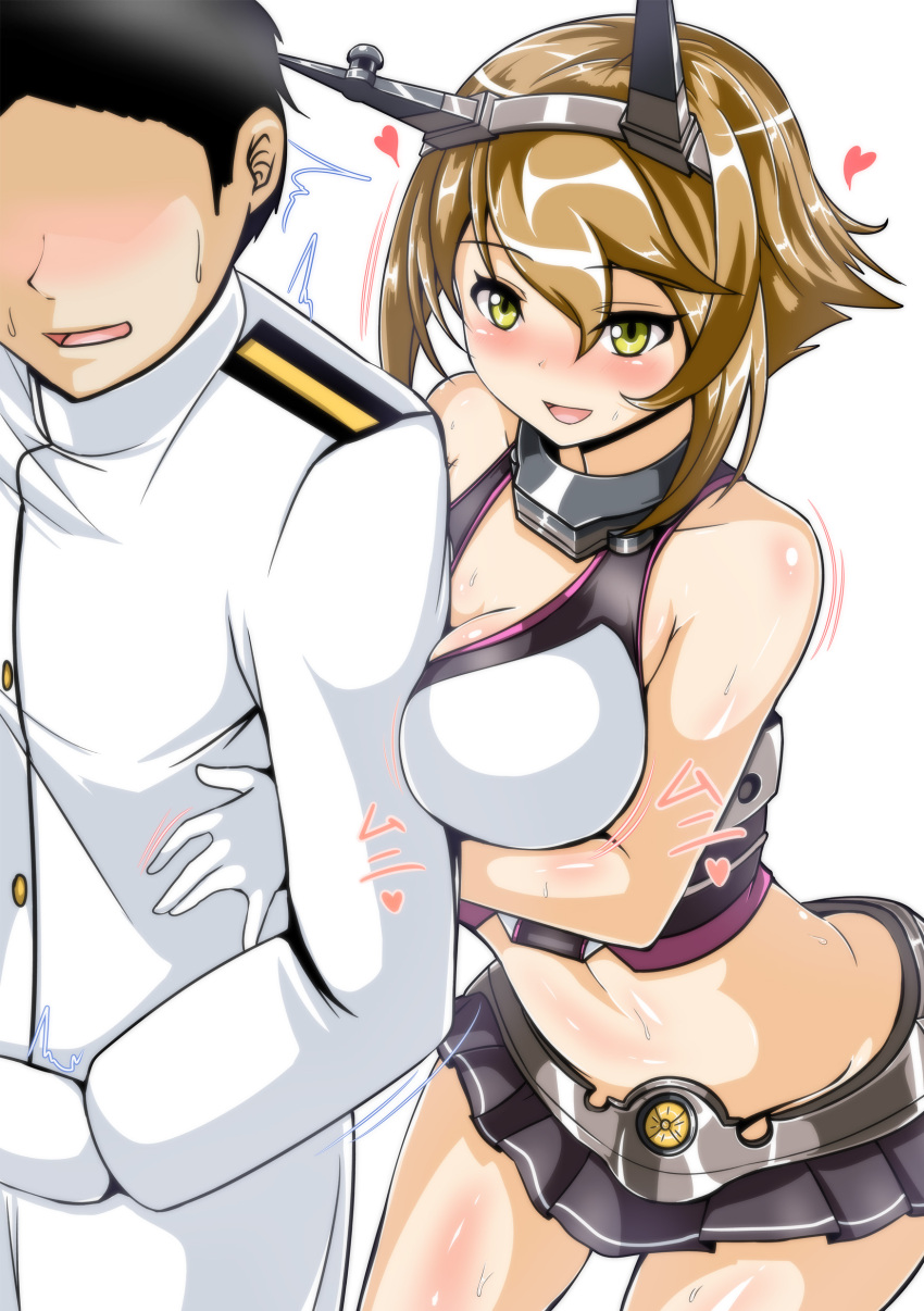 1boy 1girl absurdres admiral_(kantai_collection) ass between_breasts black_hair black_skirt blush breasts brown_hair cleavage collarbone curvy eyebrows_visible_through_hair faceless faceless_male gloves green_eyes hair_between_eyes headgear heart highres hug hug_from_behind jacket kantai_collection large_breasts leaning_forward midriff miniskirt mutsu_(kantai_collection) navel open_mouth pleated_skirt sangyou_haikibutsu_a short_hair simple_background skindentation skirt smile striped striped_skirt white_background white_gloves white_jacket wiggle
