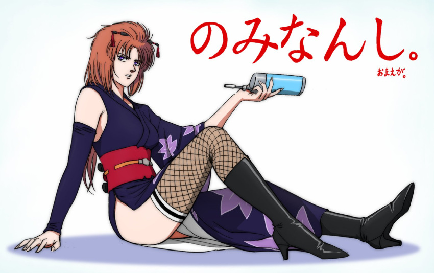 1girl boots bottle fishnets gundam gundam_unicorn high_heels hips marida_cruz orange_hair pakata-san_jr. sleeves_past_elbows thigh-highs translation_request violet_eyes water_bottle