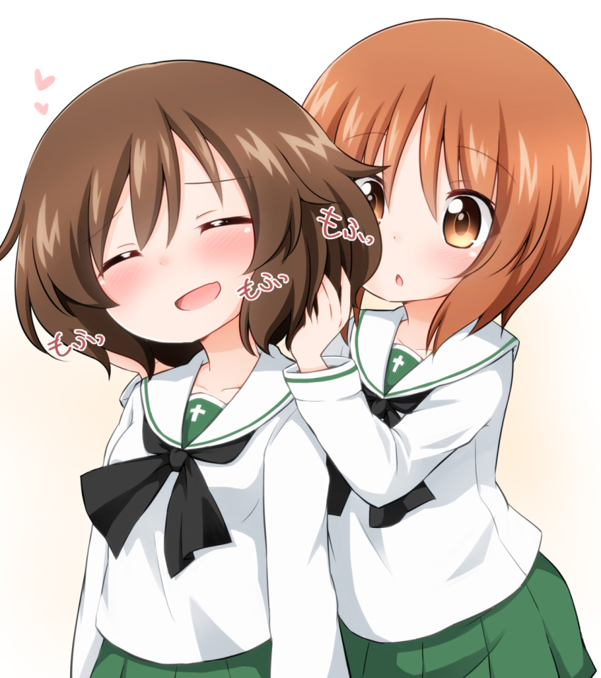 2girls :o akiyama_yukari arms_at_sides bangs black_neckwear blouse blush brown_eyes brown_hair closed_eyes collarbone commentary_request eyebrows_visible_through_hair girls_und_panzer gradient gradient_background green_skirt hair_between_eyes hand_in_another's_hair head_tilt heart highres latin_cross long_sleeves looking_at_another multiple_girls neckerchief nishizumi_miho ooarai_school_uniform open_mouth orange_hair pleated_skirt school_uniform serafuku shiny shiny_hair short_hair skirt suwa_yasai white_background white_blouse white_sailor_collar |d