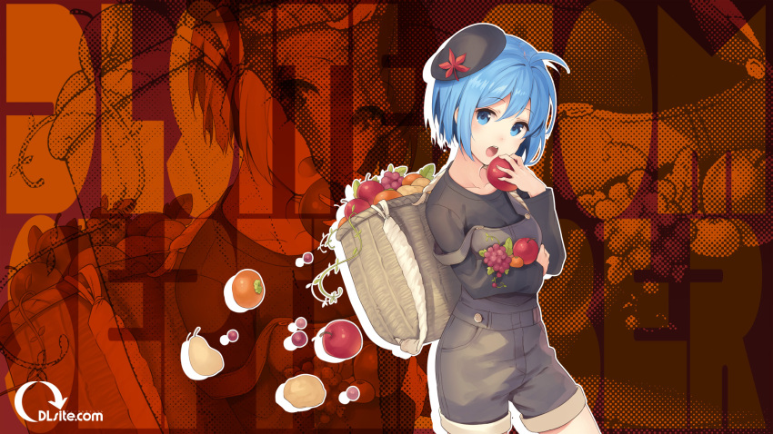 1girl :o ahoge apple bangs basket beret black_shirt blue_eyes blue_hair collarbone cowboy_shot dlsite.com elle_sweet eyebrows_visible_through_hair food fruit grapes hair_between_eyes halftone hat highres holding holding_food holding_fruit leaf long_sleeves looking_at_viewer mandarin_orange maple_leaf open_mouth overalls paseri pear shirt sidelocks solo squash teeth wallpaper watermark web_address zoom_layer