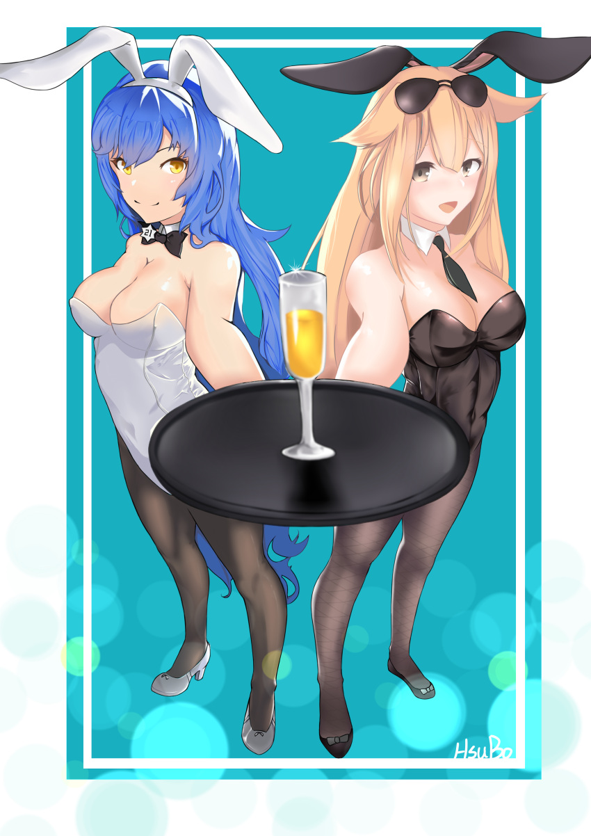 2girls :d absurdres alternate_costume animal_ears aqua_background arm_up artist_name bare_arms bare_shoulders black_bow black_legwear black_leotard black_neckwear blonde_hair blue_hair blush border bow bowtie breasts brown_eyes bunny_girl bunnysuit cleavage covered_navel cup detached_collar drink drinking_glass fake_animal_ears foreshortening full_body girls_frontline glint hair_flaps hairband highres holding holding_tray hsubo legs_apart leotard long_hair looking_at_viewer m1918_bar_(girls_frontline) medium_breasts multiple_girls necktie open_mouth pantyhose rabbit_ears smile standing strapless strapless_leotard sunglasses sunglasses_on_head tar-21_(girls_frontline) tareme tray very_long_hair white_border white_hairband white_leotard yellow_eyes