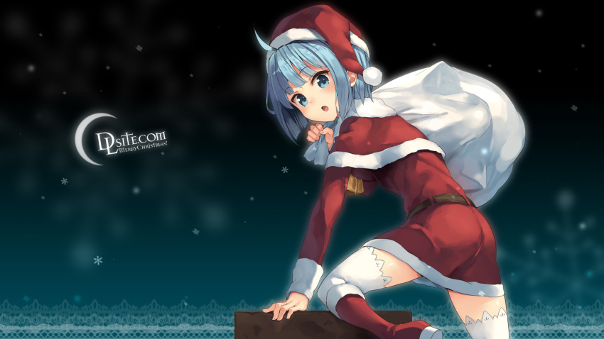 1girl :o ahoge bangs belt blue_eyes blue_hair blurry blush boots capelet chimney christmas depth_of_field dlsite.com dress elle_sweet eyebrows_visible_through_hair from_side fur_trim highres holding knee_boots long_sleeves looking_at_viewer looking_back merry_christmas open_mouth paseri red_boots red_dress sack santa_costume short_dress short_hair sidelocks snow snowflakes solo thigh-highs wallpaper watermark web_address white_legwear