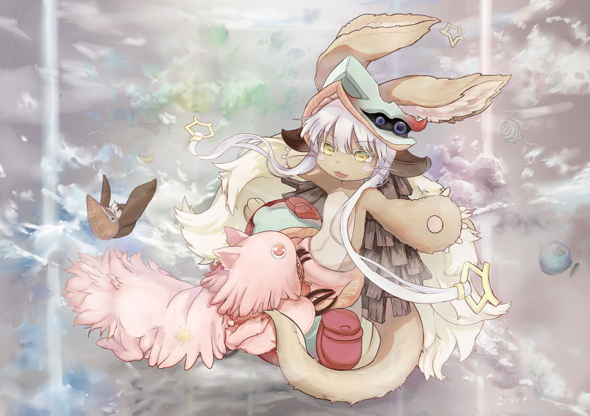:3 :d animal_ears fang furry helmet highres light_brown_eyes made_in_abyss mitty_(made_in_abyss) nanachi_(made_in_abyss) open_mouth outstretched_arms pouch red_eyes rin_cat sidelocks smile spread_arms stuffed_animal stuffed_toy tail whiskers white_hair