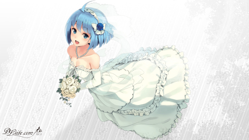 1girl :d ahoge bangs bare_shoulders bead_necklace beads bouquet breasts cleavage collarbone dlsite.com dress elle_sweet eyebrows_visible_through_hair flower highres holding holding_bouquet jewelry looking_at_viewer medium_breasts necklace open_mouth paseri rose short_hair smile solo standing teeth wallpaper watermark web_address wedding_dress white_dress white_rose