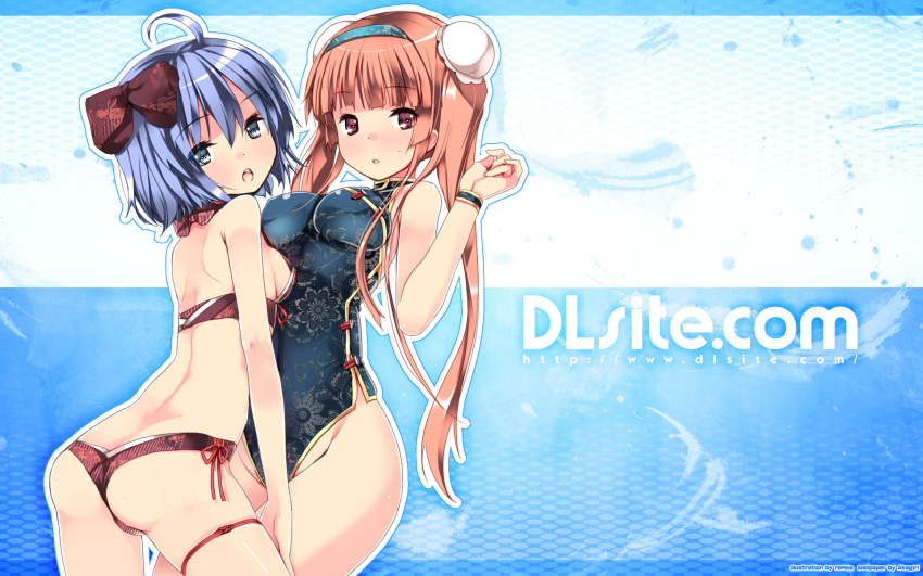 2girls :o ahoge artist_name ass bangs bikini blue_hair blunt_bangs blush bow breasts brown_bow china_dress chinese_clothes dille_blood dlsite.com double_bun dress elle_sweet eyebrows_visible_through_hair hair_bow hairband highres looking_at_viewer looking_back medium_breasts multiple_girls open_mouth red_bikini refeia sideboob sidelocks small_breasts swimsuit teeth thigh_strap thighs twintails wallpaper watermark web_address wristband