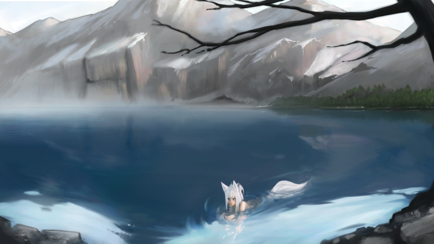 1girl animal_ears bare_tree closed_mouth day forest fox_ears fox_girl fox_tail highres lake long_hair mountain nature nude original outdoors paintrfiend partially_submerged ripples scenery solo swimming tail tree water water_surface white_hair